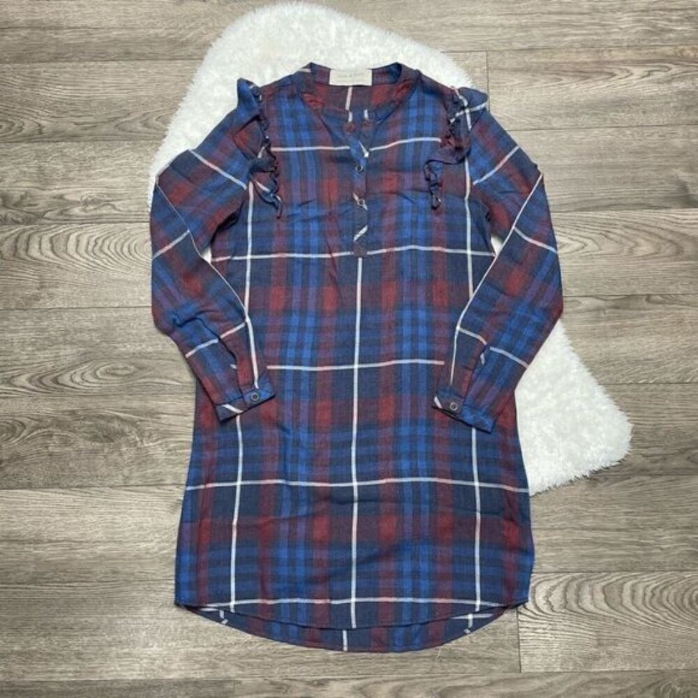 Cloth & Stone Dress Tunic Ruffled Size Xs Long Sleeve Plaid Buttons